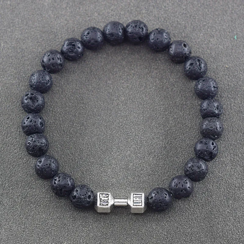 Natural Black Volcanic Lava Stone Dumbbell Bracelet Men Matte Obisidian Beads Bracelets for Women Body Slimming Barbell Jewelry