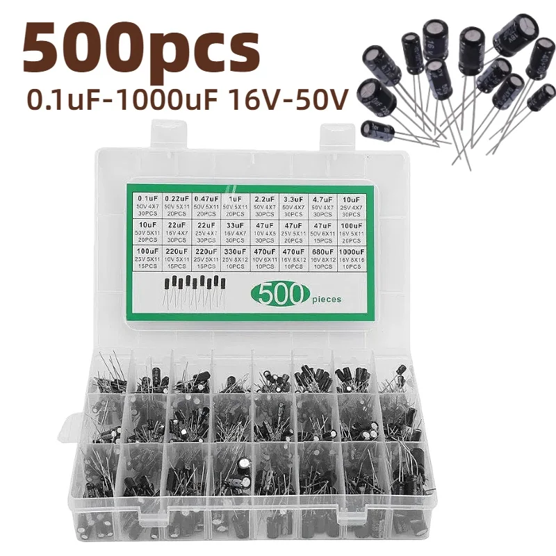 

500 шт./лот 0,1 мкФ-1000 мкФ 24 значения алюминиевые электролитические конденсаторы 10-50 В смешанный электролитический конденсатор Ассорти комплект
