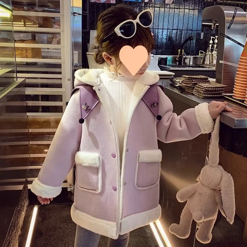 Sanrioed Anime Children Clothes Kuromi Girls Winter Coat Fashion Lambwool Jacket Thicken Warm Padded Jacket Children Outerwear