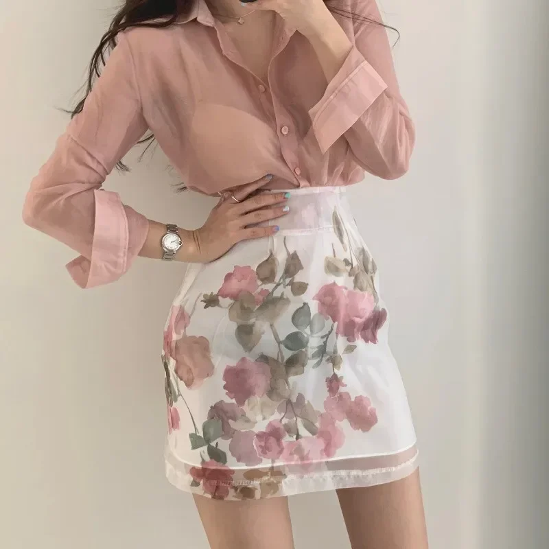 Korea Chic Elegante Frauen 2 Stück Sets Sexy Sehen-durch Lange ärmeln Shirt + Hohe Taille A-line Floral druck Rock Sets 2pc OL Anzüge