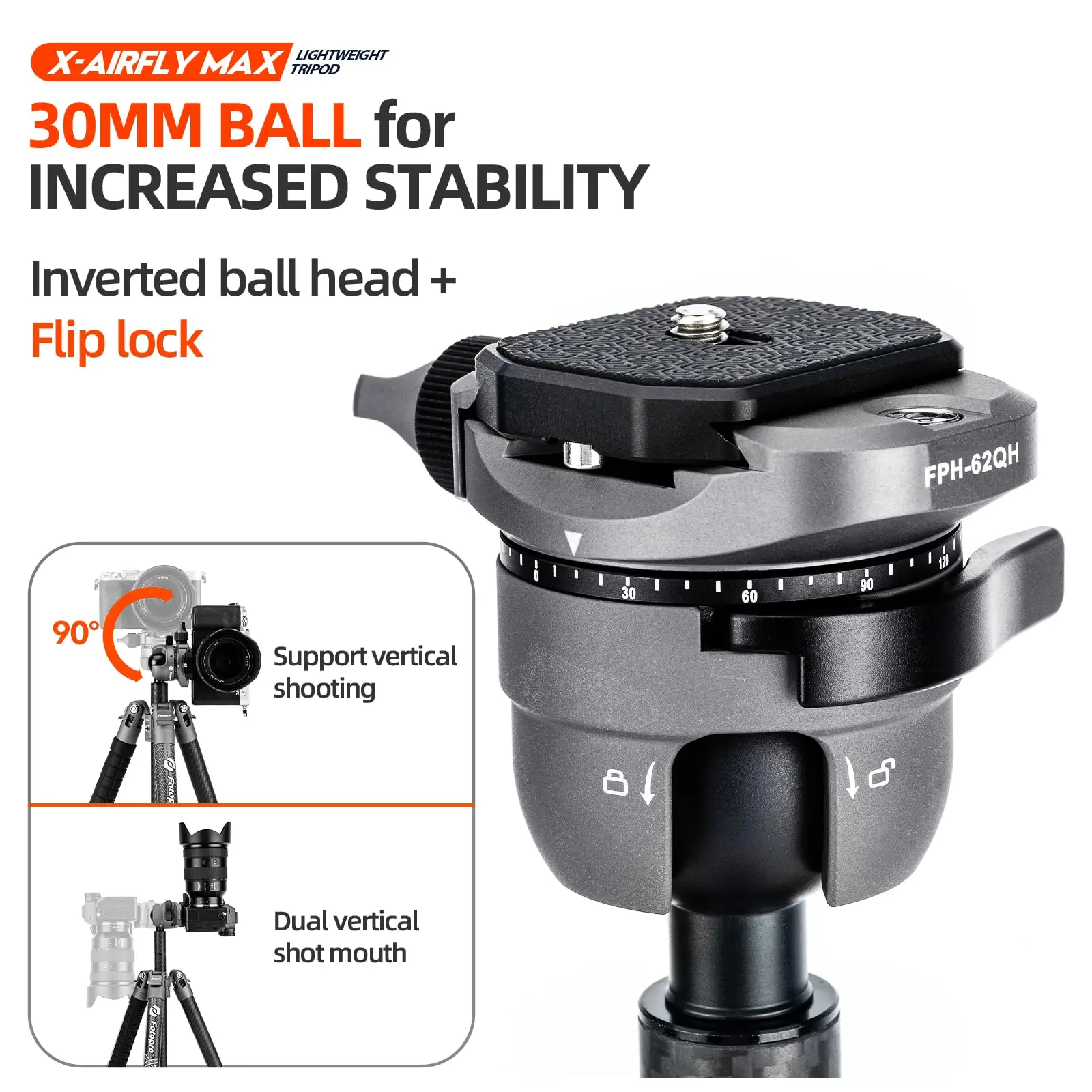 Fotopro 166CM Carbon Fiber Travel Tripod with Super Large Ball Head Flip Lock X-AIRFLY Max