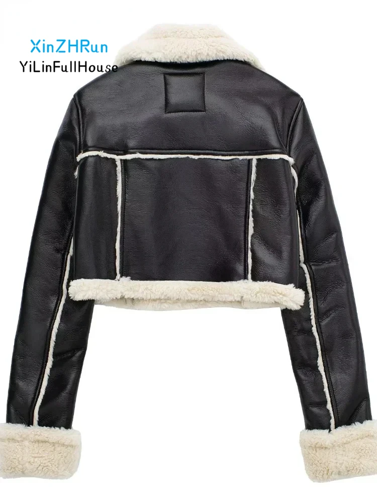 Autumn Winter New Women's Fashion Retro Zipper Collar Fleece Artificial Leather Jacket Fur Integrated Double Sided Short Jacket