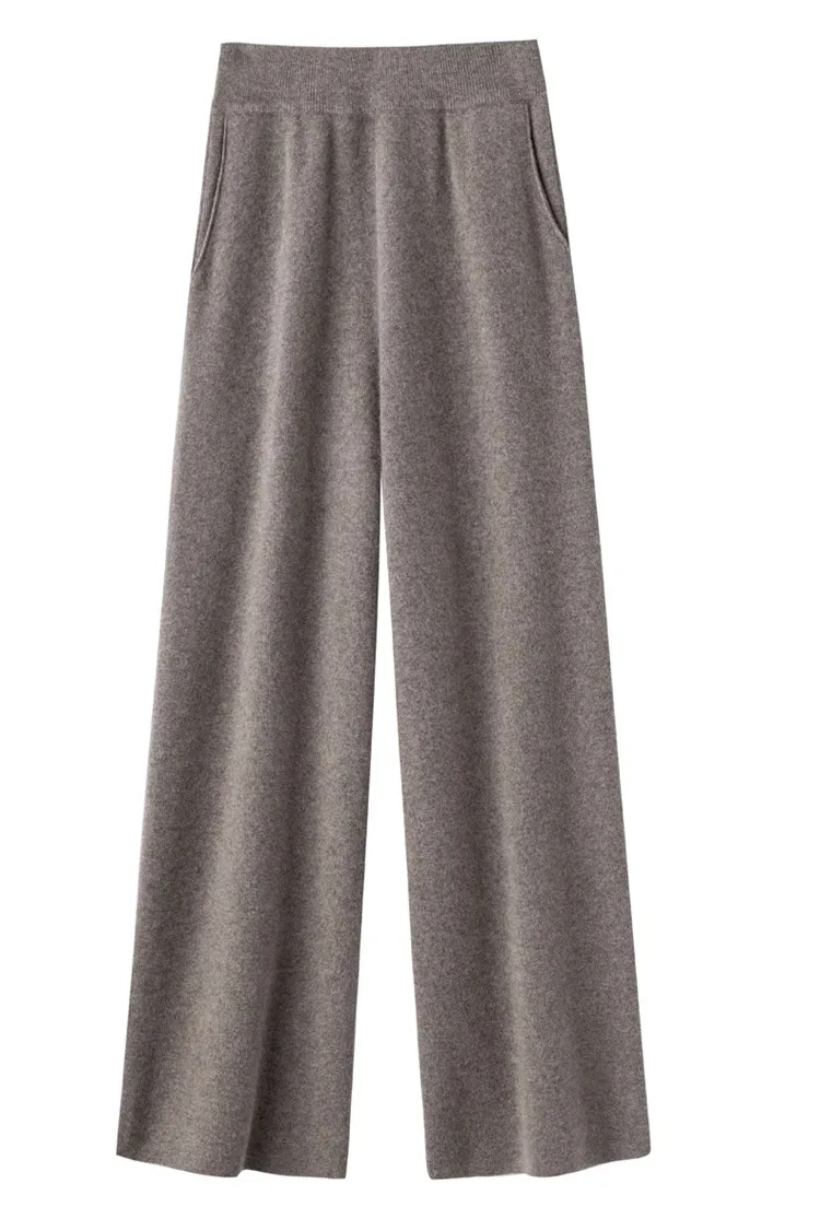 Elegant Pure High Waist Drooping Wide-Leg Pants Women's Outer Wear with Pockets Baggy Straight Trousers Knitted Mop Trousers