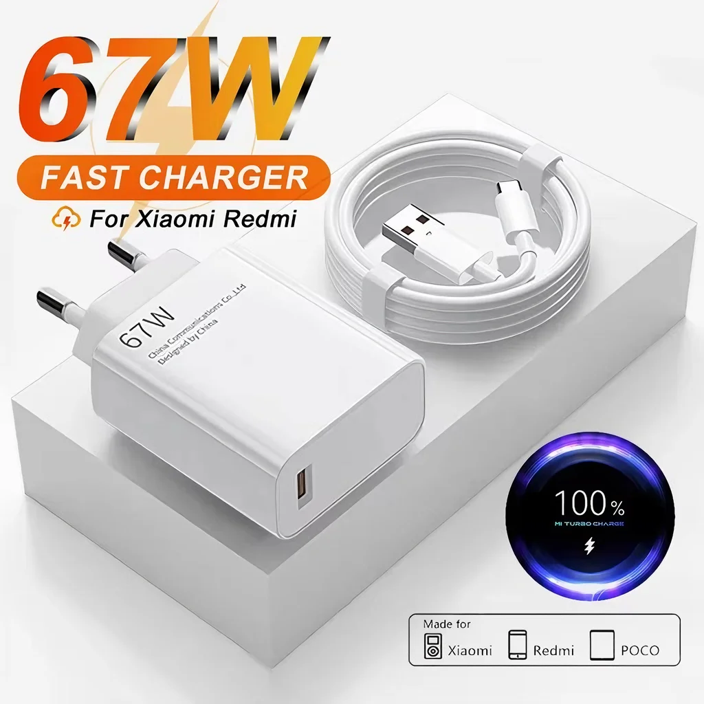 67W EU Ultra Fast Wall Charger For Xiaomi 11 12 Lite 13T 14 15 Redmi Note 10 11T 12T 13 POCO F4 F5 F6 X4 X5 Pro Type C USB Cable