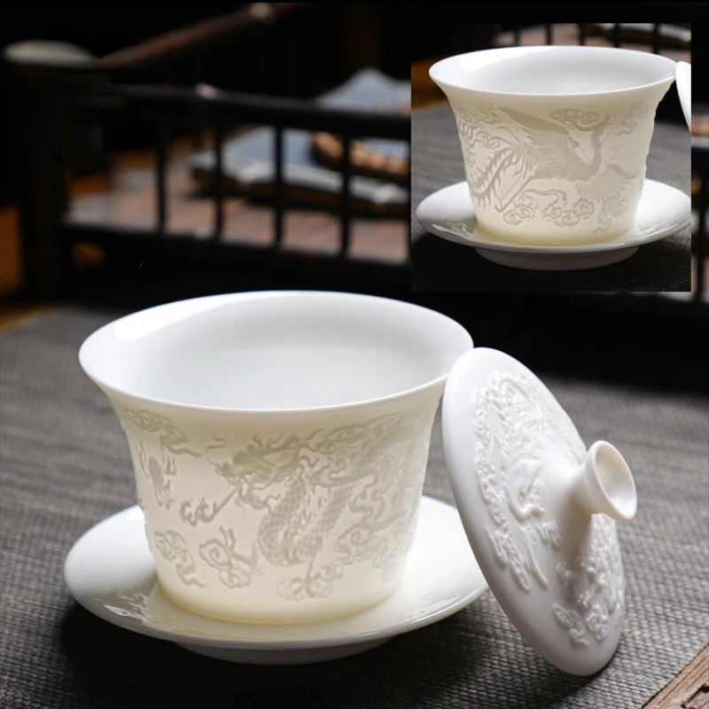 White porcelain gaiwan Ceramic Dragon and Phoenix Presentation Handmade double-sided Kung Fu Drinkware 160ml