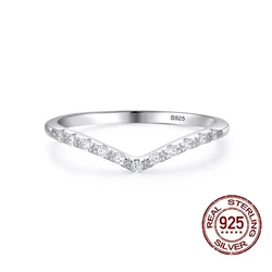 QooLady 925 Sterling Silver Stackable Cubic Zircons V Shape Finger Rings For Women Wedding Engagement Fine Jewelry Gifts SR007
