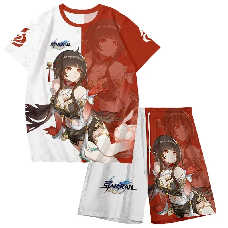 

Anime Honkai Star Rail Lingsha Cosplay T-Shirt and Shorts Cool Summer Lingsha Short Sleeve Tops Streetwear Sport Suit