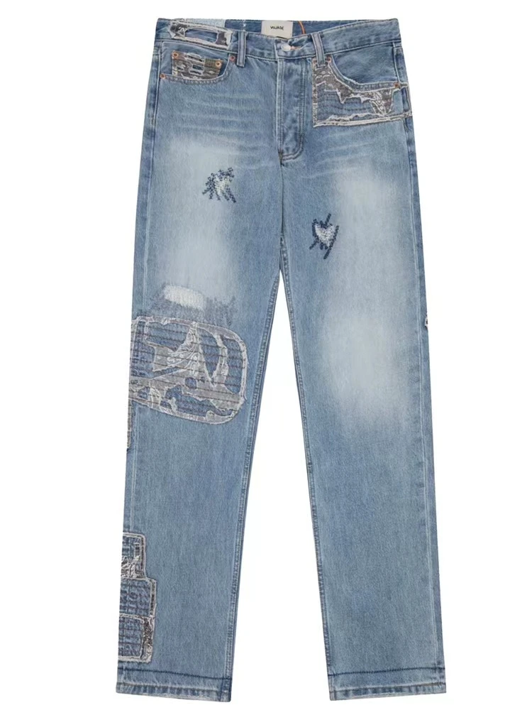 جينز دينيم مغسول بتصميم ريترو مرقع مع تطريز كثيف، بنطلون طويل مستقيم الساق، موضة شبابية، جينز قطني مستقيم