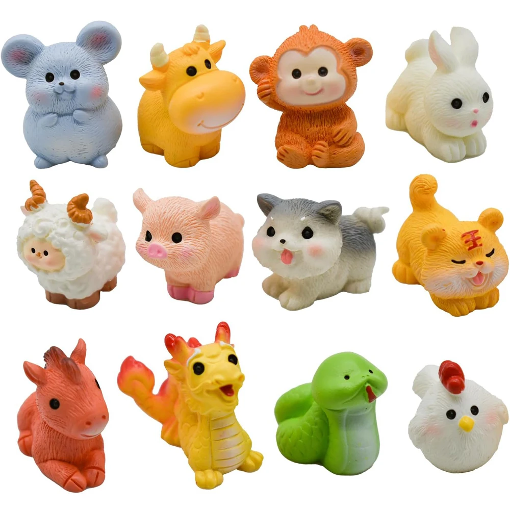 

12Pcs Miniature Chinese Zodiac Animal Figurines Mini Cow Rabbit Dragon Tiger Dog Monkey Pig Figures for DIY Micro Landscape