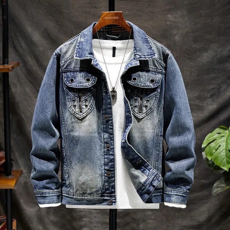 

2024 new retro indentation biker denim jacket men's fashion splicing scratch long-sleeved nostalgia jacket men's clothing