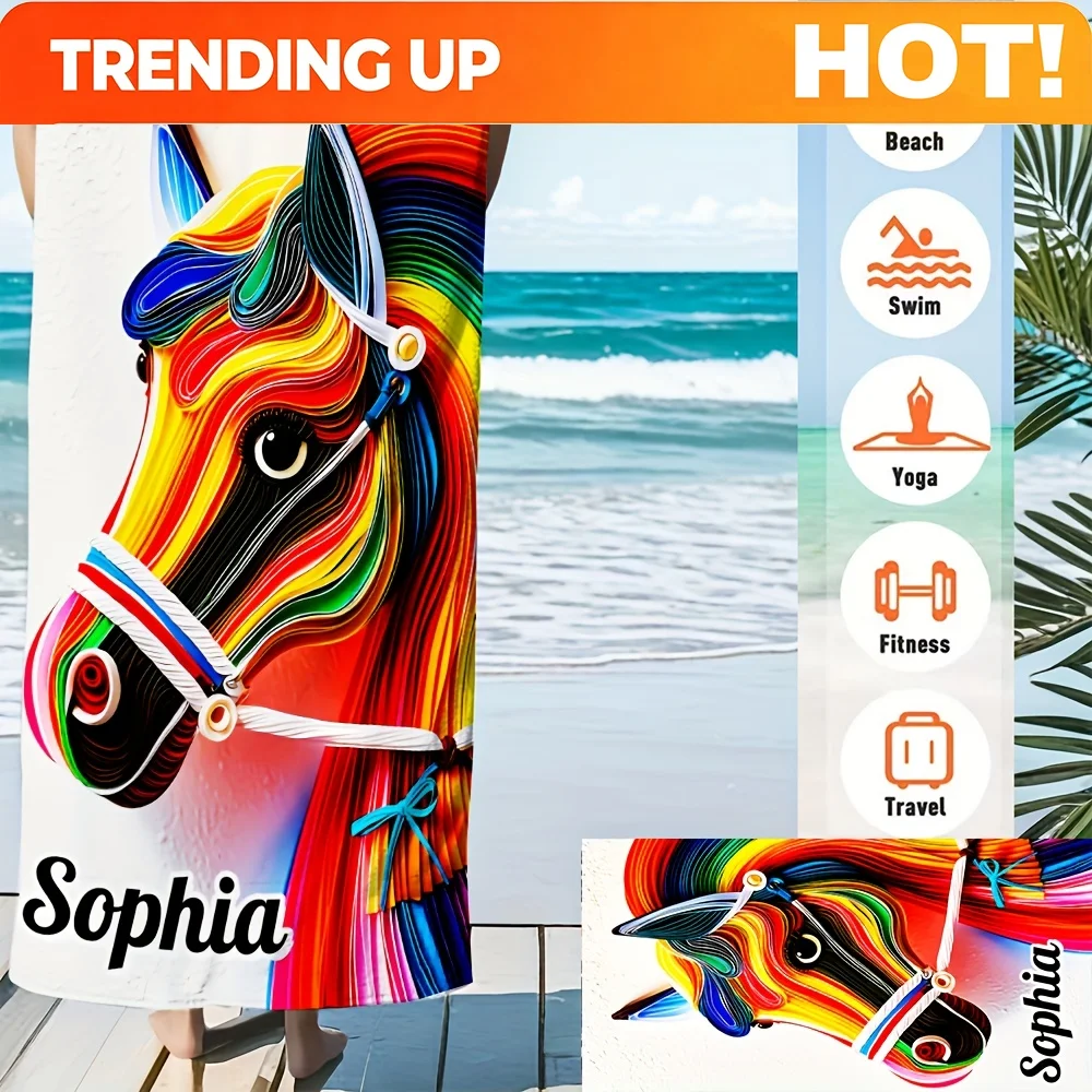 Customize Custom Colorful Horse Beach Towel for Seaside Vacation - Personalized Name, Create Your Own Exclusive Bath Towel, Perf