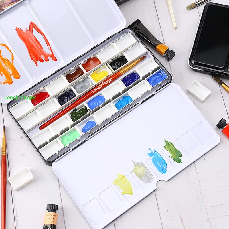 Empty Metal Watercolor Palette Tin Box Palette Paint Case with 28PCS Full Pans Fold-Out Palette Holds for DIY Watercolor Travel view 6
