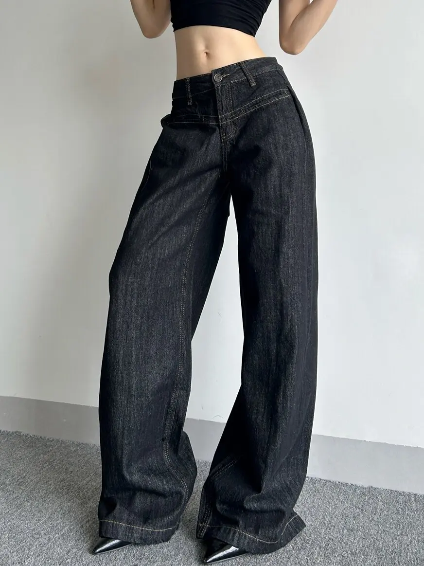 American Vintage Raw Color Scimitar Jeans Women Washed Distressed Relax Fit Slim All-match Trendy Baggy Casual Denim Trousers