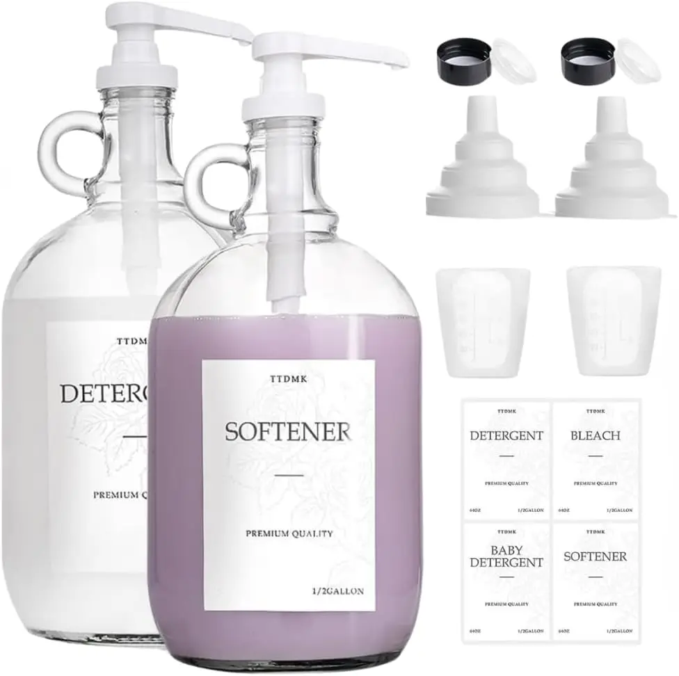 

2 стеклянных диспенсера для стирального порошка, 1 галлон каждый с этикетками, воронкой и мерными стаканчиками