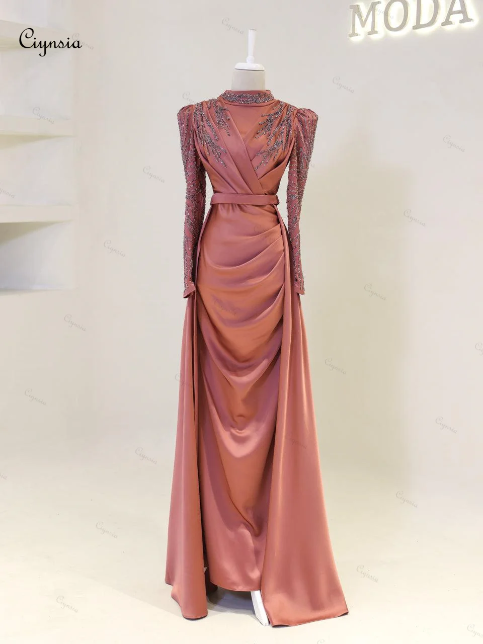 Ciynsia Abendkleider Islamic Muslim Evening Dresses Woman Elegant Mermaid Beaded Satin Long Sleeve Formal Dress Vestidos De Gala