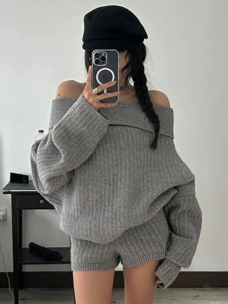 ZMEENNA Casual tweedelige grijze gebreide damesset met off-shoulder trui met lange mouwen en shorts met hoge taille ZM3673