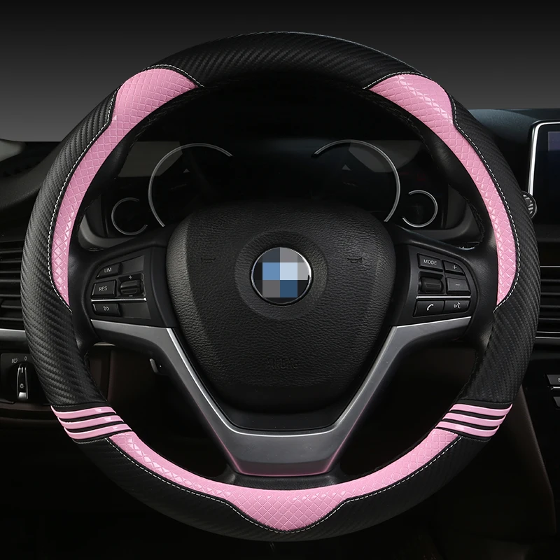 Steering Wheel Cover for Girl 38 CM Car Styling Carbon fiber Leather Steering Wheel Cover for Women Cute Car Accessories