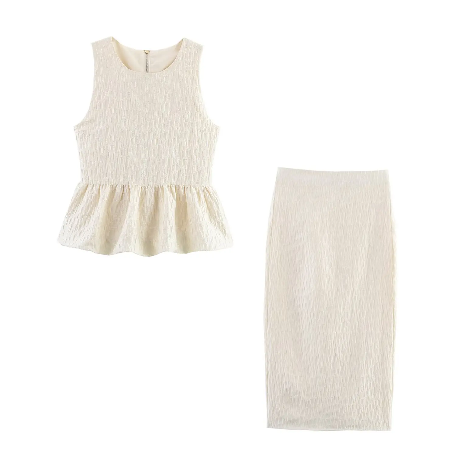 

2025 Summer New Women's Set Fashionable High End Wrinkled Sleeveless Top with Back Zipper Design and Split High Waist Skirt
