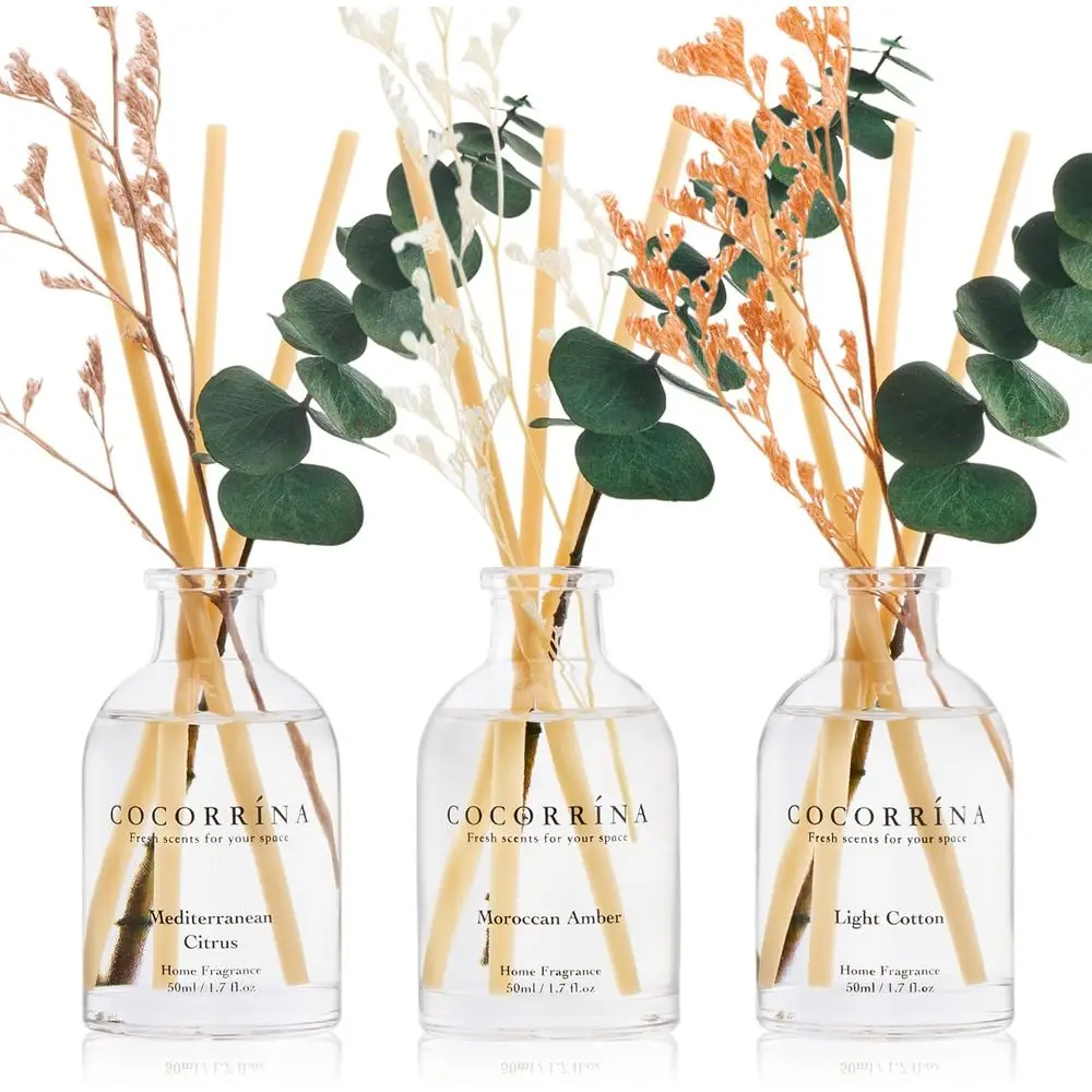 Eucalyptus Reed Diffuser Set of 3 - Light Cotton, Mediterranean Citrus, Moroccan Amber Scents, 1.7 fl oz Each, Total 5.1 fl oz,