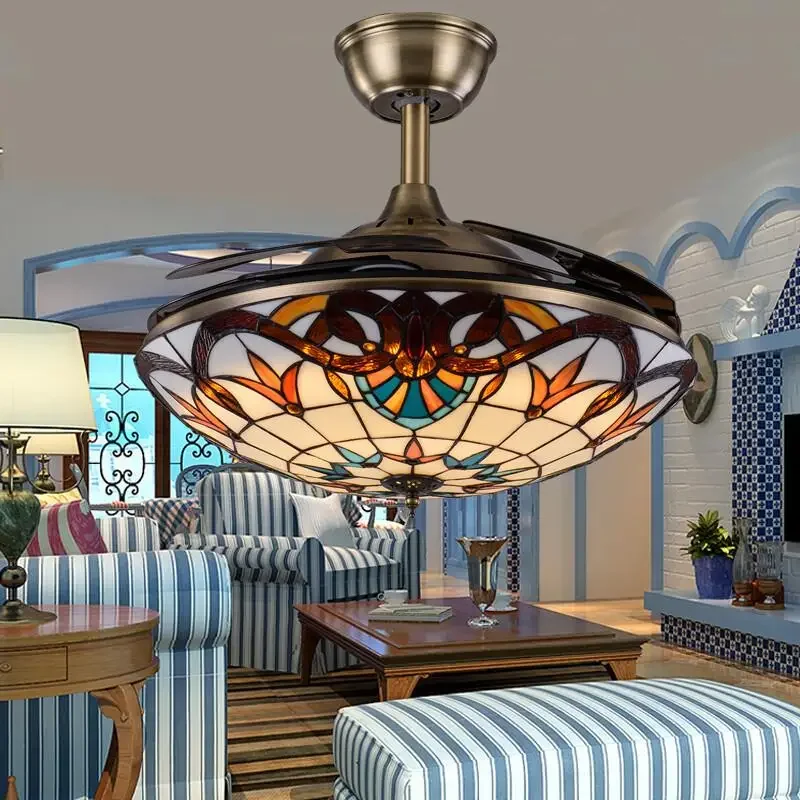 Tiffany Invisible Ceiling Fan Lamp Living Room Dining Room Bedroom Lighting Mediterranean Fan Lamp Retro Ceiling Fan With Remote