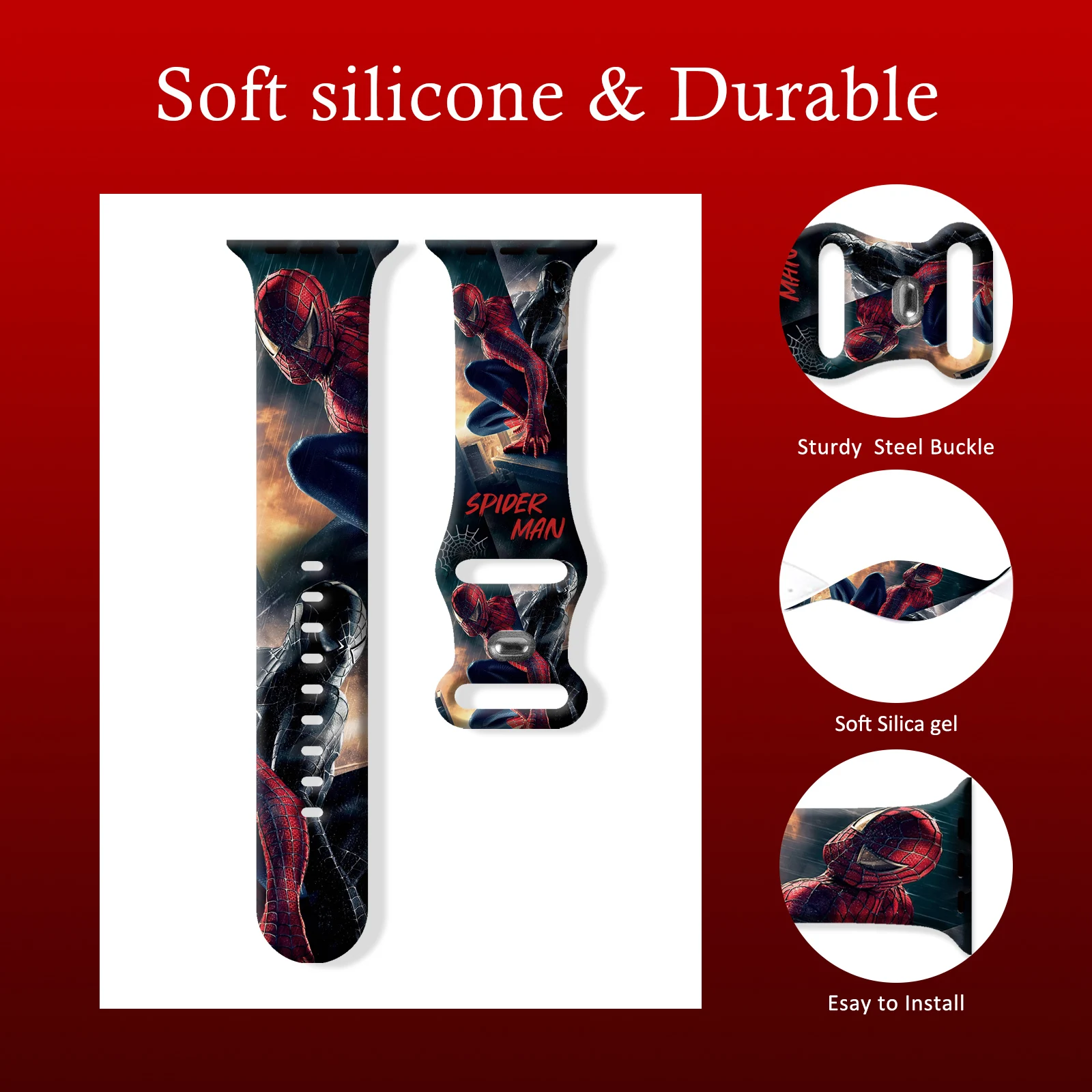 Subtle Spider-Man Printed Strap for Apple Watch 11 10 9 8 SE Silicone Band for iWatch 46mm 44mm 42mm 41mm Replaceable Watchband