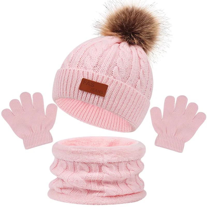 Autumn And Winter New Solid Colour Knitting Children\'s Hat Scarf Gloves Set Plush Ball Baby Cap Soft Skin-friendly Warm Fashion