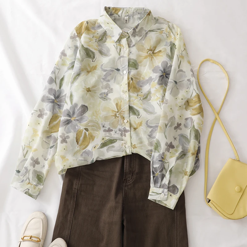 

2026 Spring Summer New Yellow Plant Print Shirt Floral Shirt Loose Casual Women's Tops Blouse Camisas Blusas
