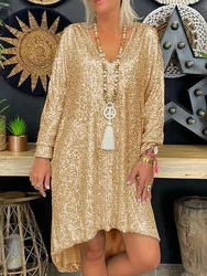 Fashion Sequin Party Dress For Women Sexy Deep V Long Sleeve Loose Casual Beach Irregular Dresses Female Clothing Vestidos