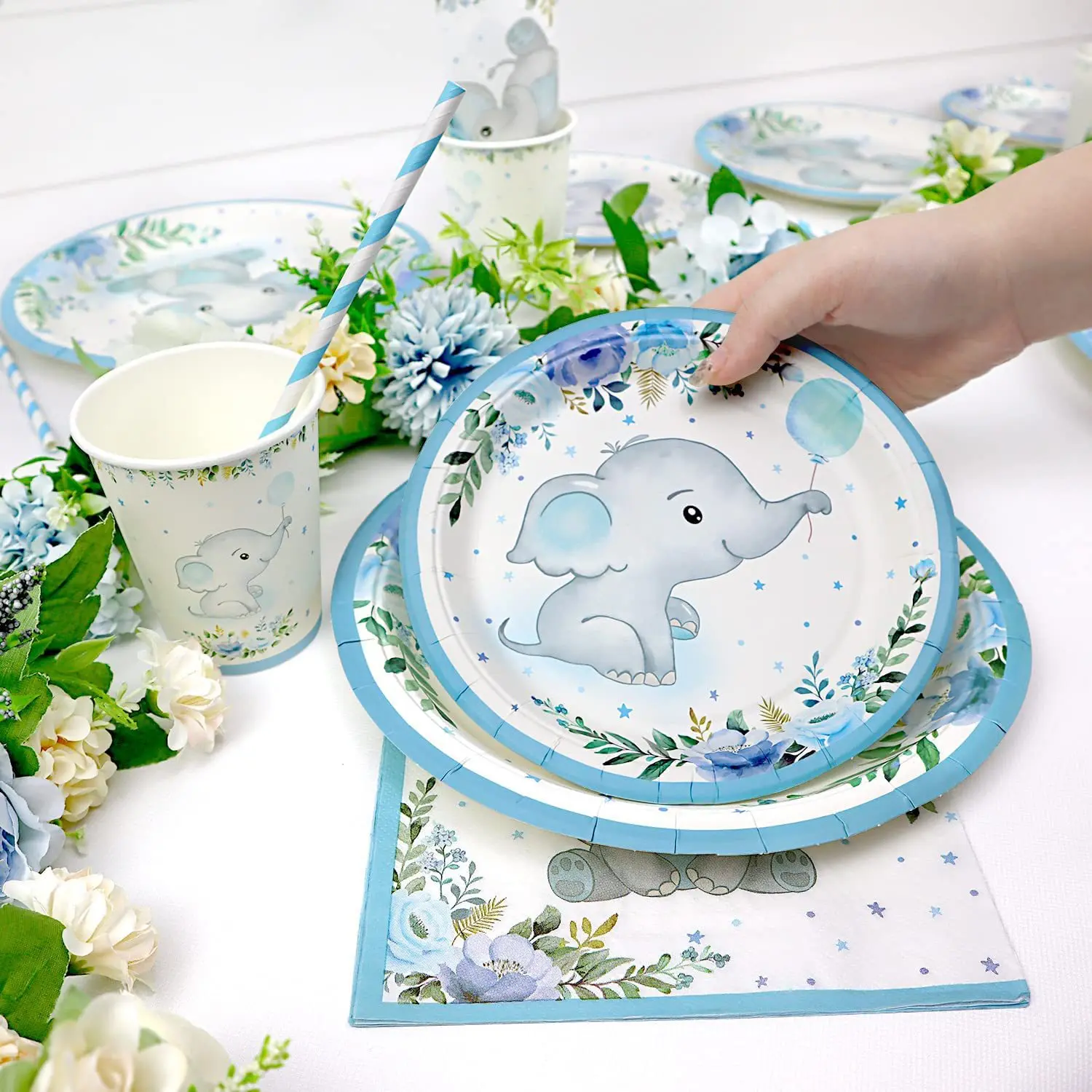 Blue Baby Elephant Disposable Tableware Tablecloth Paper Plate Napkins for Baby Shower Decorations Gender Reveal Party Supplies