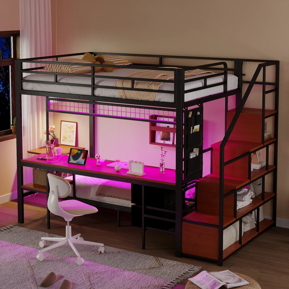 Metall-Etagenbett, Multifunktionsbett mit Schreibtisch, LED, Steckdosen, offenem Stauraum und Stoffschubladen, 140*200 cm und 90*200 cm