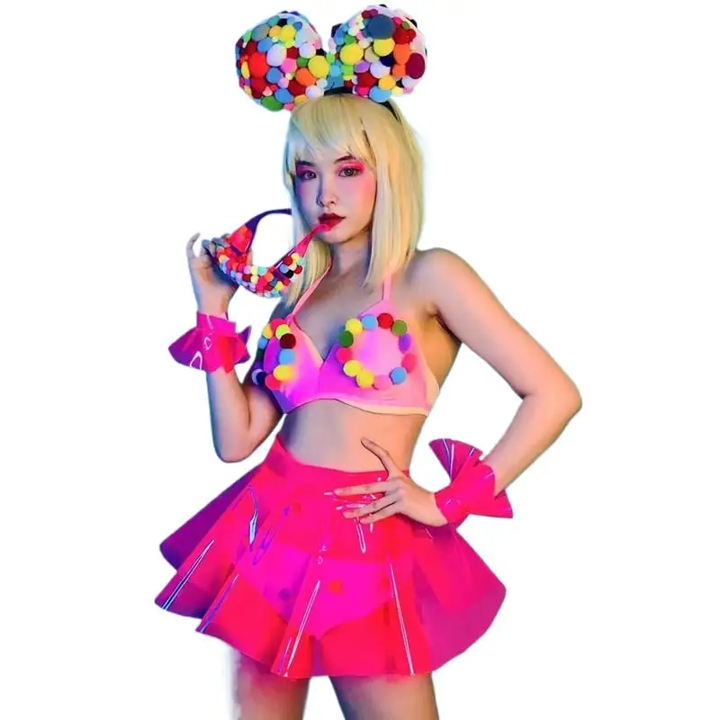 

Cute Color Ball Bikini Skirt Outfit Women Dancer Team Sexy Stage Wear Festival Rave Show Nightclub Bar Performance DS Costume