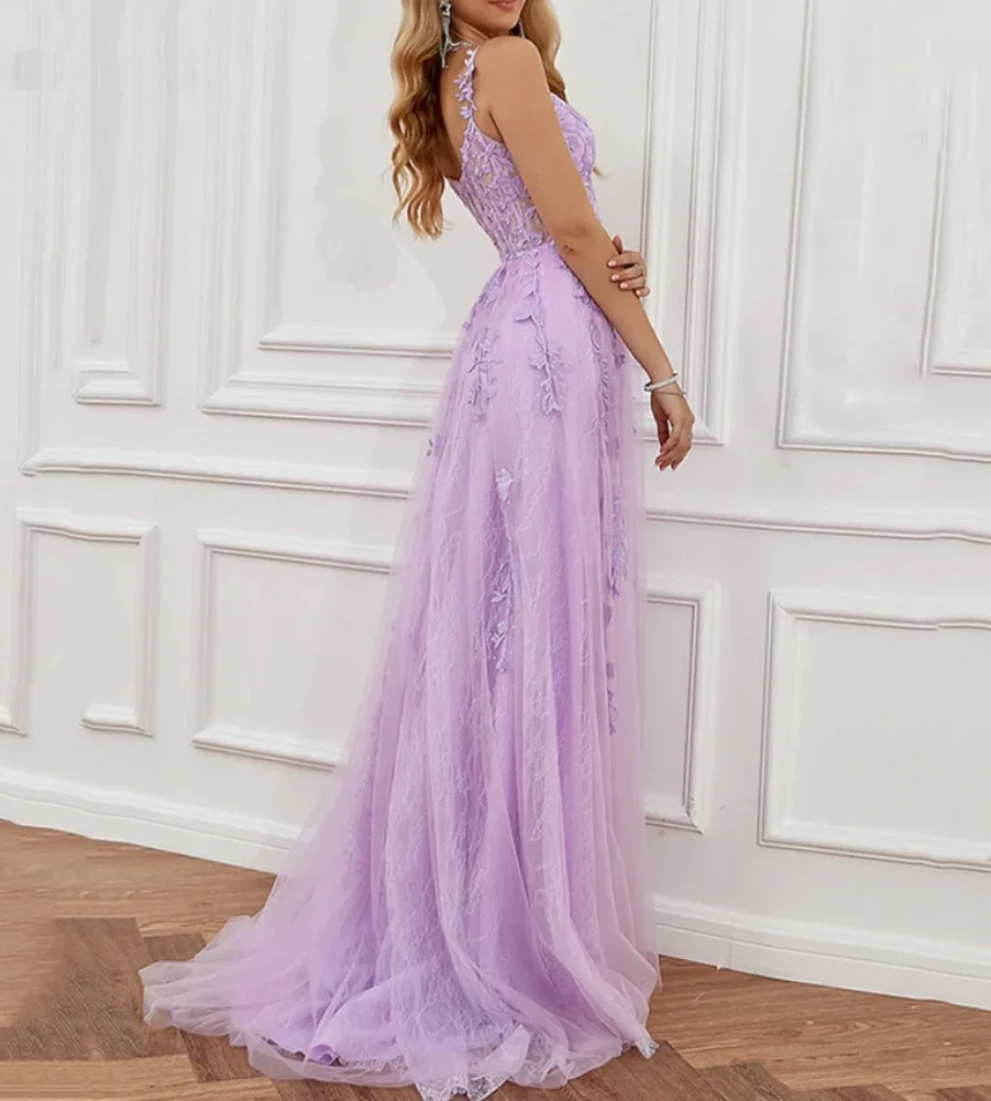 Prom Gowns Sleeveless Tulle Appliques Vestidos De Noche Lilac Exquisite Sweetheart A-Line Formal Evening Dresses