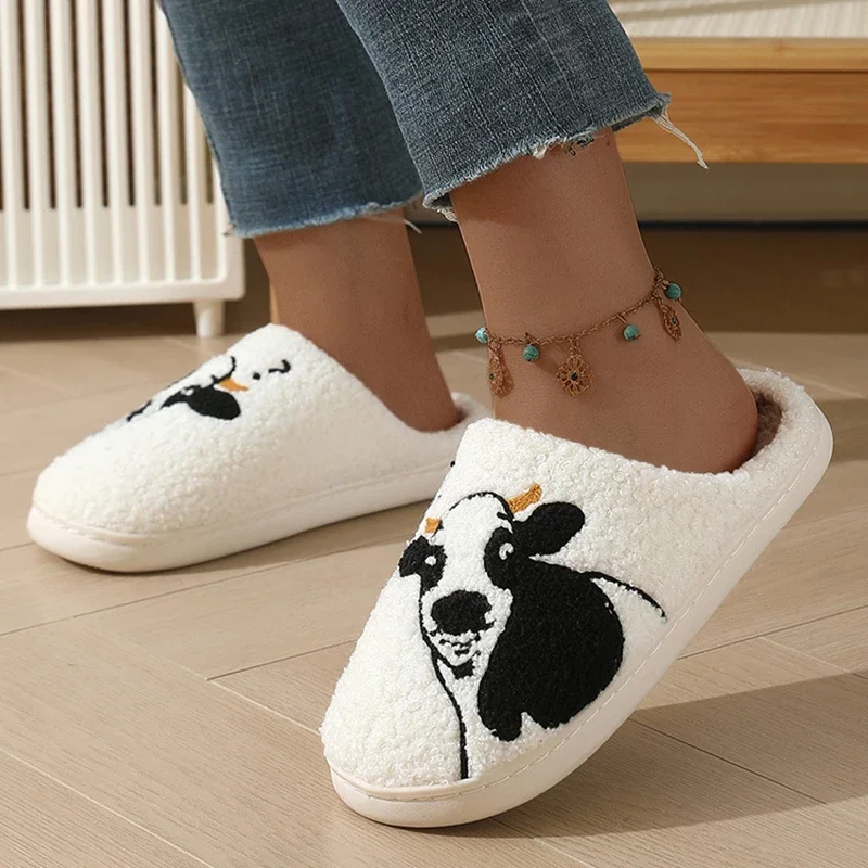 Cartoon Kuh Muster Baumwolle Hausschuhe Frauen Winter Warme Plüsch Weiß Baumwolle Schuhe Frau Komfortable Rutschfeste Paare Hause Hausschuhe