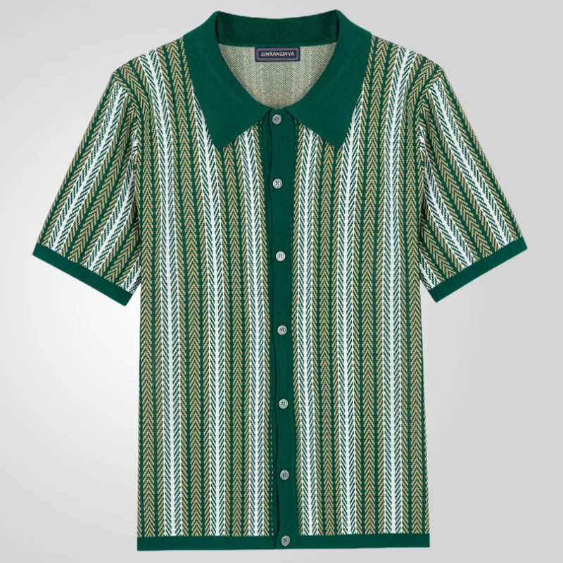 Men's High-end Luxury Short-sleeved Sweater Mens Summer New Striped Jacquard Business Polo Shirt Man Casual High Quality T-shirt