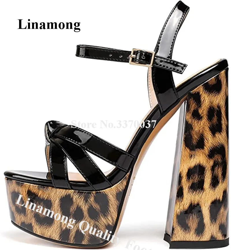 

Leopard Patchwork Chunky Heel Sandals Linamong Sexy Open Toe High Platform Bowties Green Red Patent Leather Thick Heel Shoes