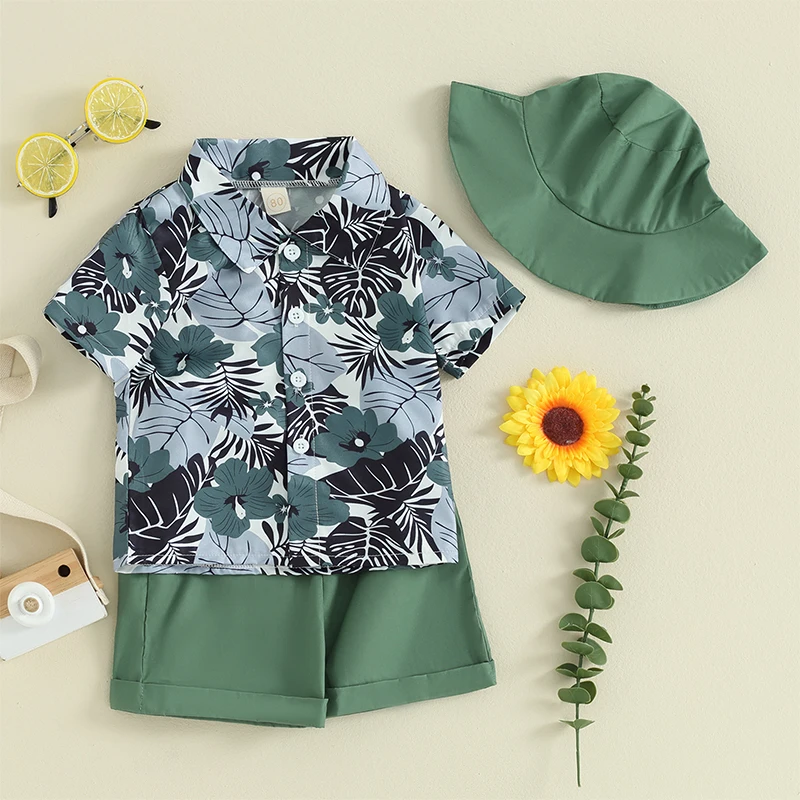 

Toddler Baby Boy Summer Clothes Short Sleeve Floral Palm Leaves Button Up Shirt Top Shorts Hat 3Pcs Outfit