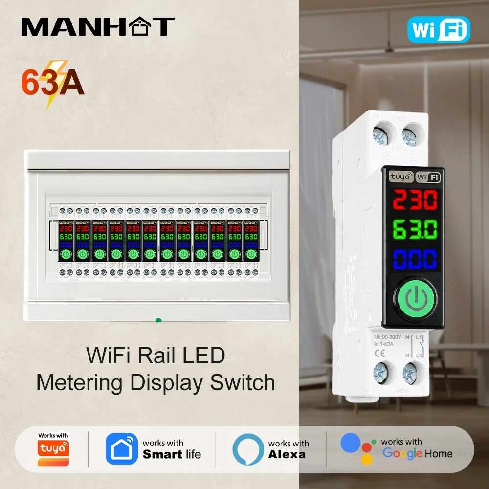 Manhot WiFi Circuit Breaker LED Display Energy Metering kWh Voltage Current Meter Protector Voice Remote Control Switch 1P+N 63A