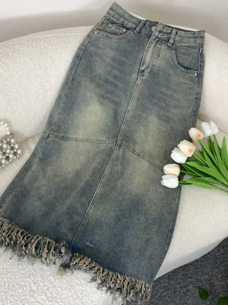 Saia feminina vintage de cintura alta, cor sólida, franjas, fenda, design, vestido jeans, slimfit, linha a, saias no tornozelo