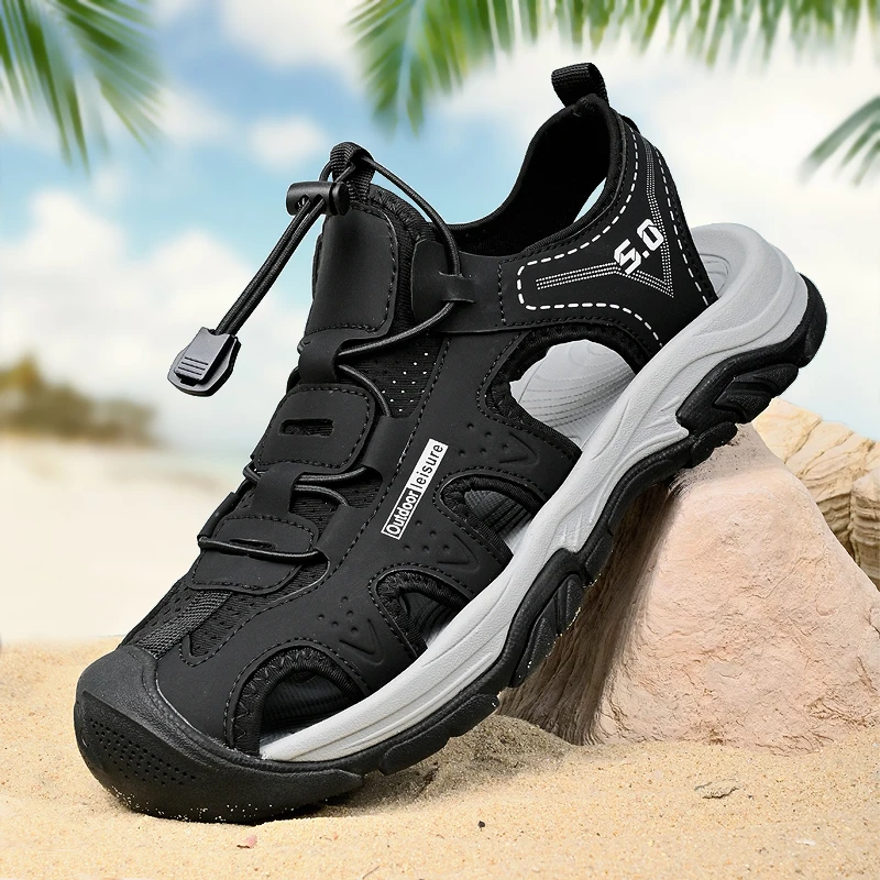 

Black size 46 fashion trend antislip beach sandals man casual shoes sandal light genuine leather stretch fabric Flats Drawstring