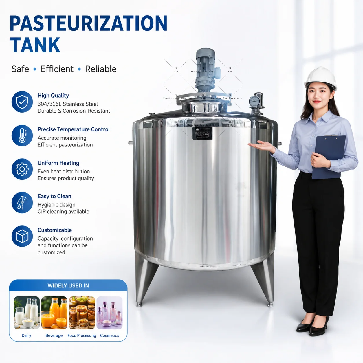 Ace High Fully Automatic Pasteurization Tank Pump Milk Juice Beer Cooling Sterilizer Food-Grade Stainless Steel 30-1000L