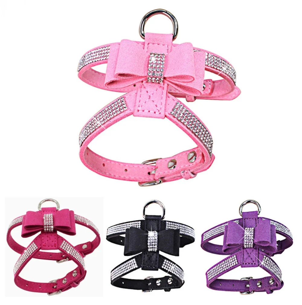 Bling Rhinestone Pet Puppy Dog Harness Velvet Leash with Bowknot for Small Dog Puppy Cat Chihuahua Pink Collar Pet Products Cats