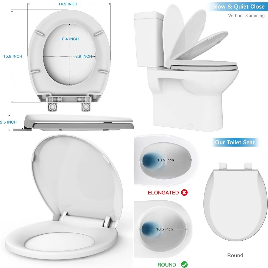 

Round Toilet Seat with Slow Close Mechanism for Quiet and Smooth Operation Durable Polypropylene PP Construction Resistant to L