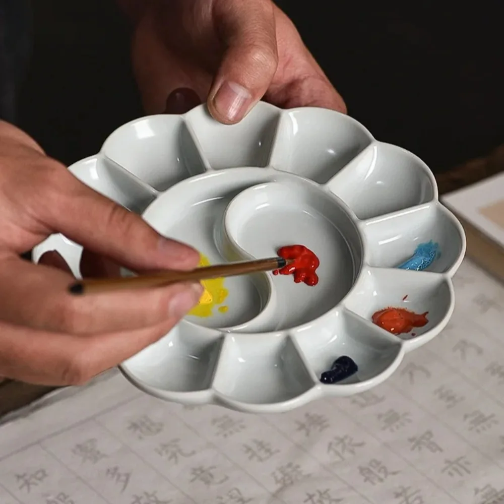 Ceramic Color Plate Handmade Celadon Palette Jingdezhen Ru Kiln Plum Blossom-shaped Watercolor Paint Tray Pen Holder Color Plate