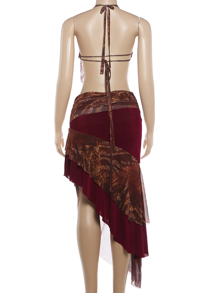 Kliou Quasten-Dekorations-Set, 2-teilig, Damen Neckholder-Top mit tiefem Ausschnitt und rückenfreiem Design + unregelmäßiger Patchwork-Maxirock, sexy Mode-Outfits – Detail 6