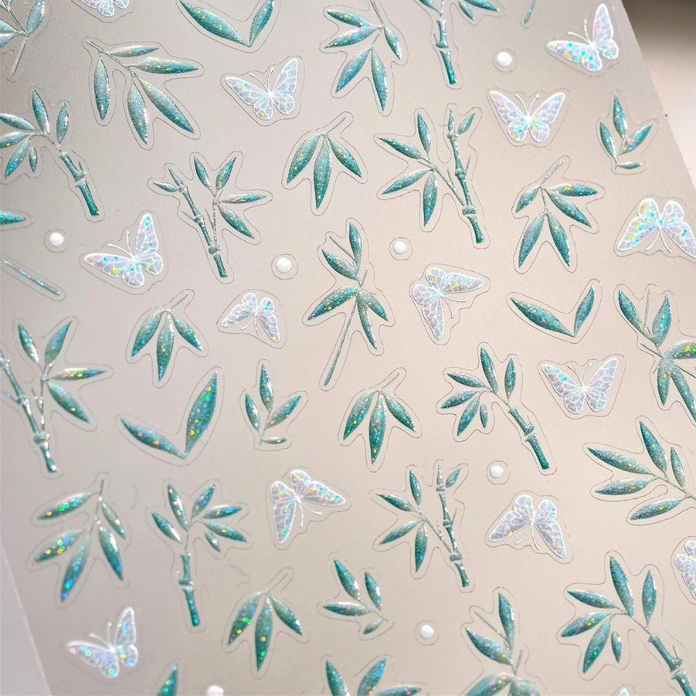 

Shiny Butterfly Bamboo Leaves Plant Polarized Glitter 3D Self Adhesive Nail Art Stickers Chinese Style Manicure Decals Wholesale
