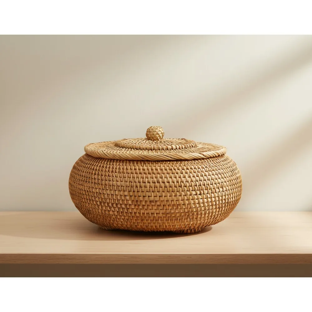 

Natural Woven Rattan Storage Box with Lid, Multi-Purpose Farmhouse Decorative Basket for Home Organizing