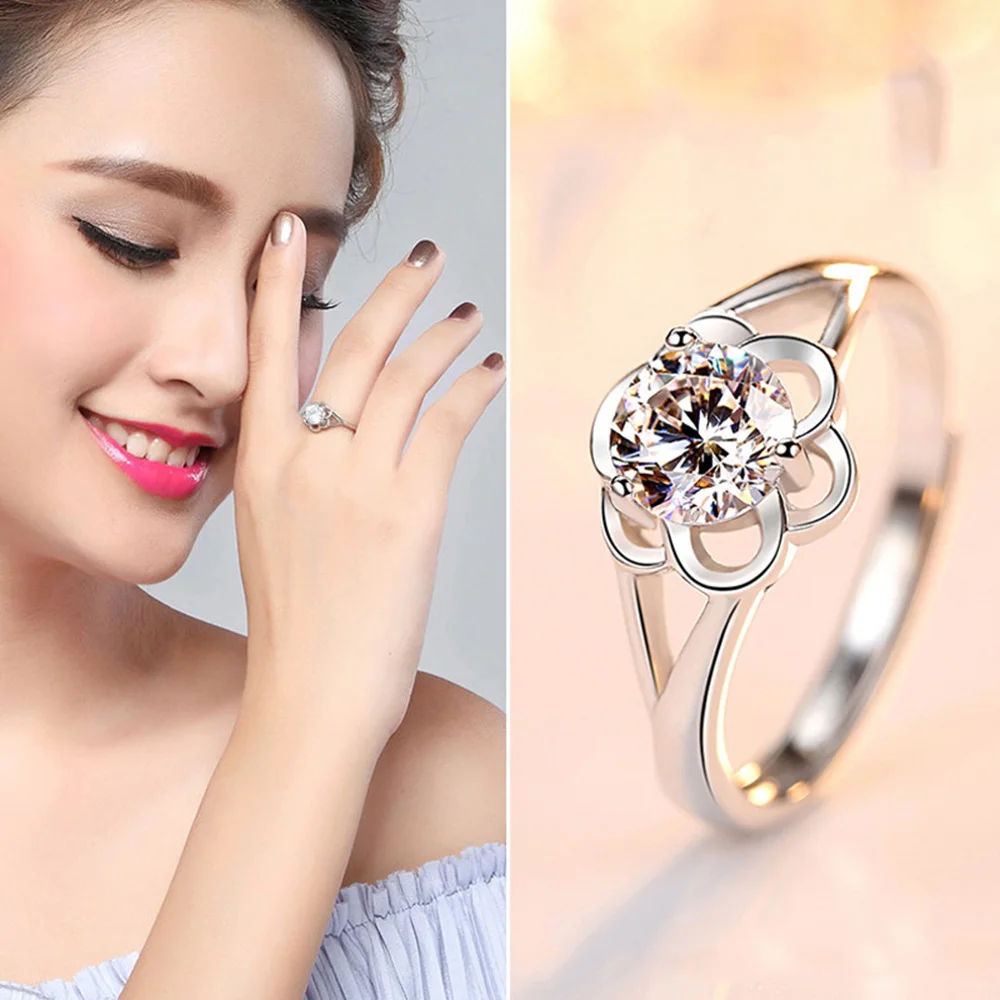 1 PCS Overalp Opening Flower Shape Zircon Women Ring Copper Plated Platinum Adjustable Finger Jewelry Gift Drop Shipping