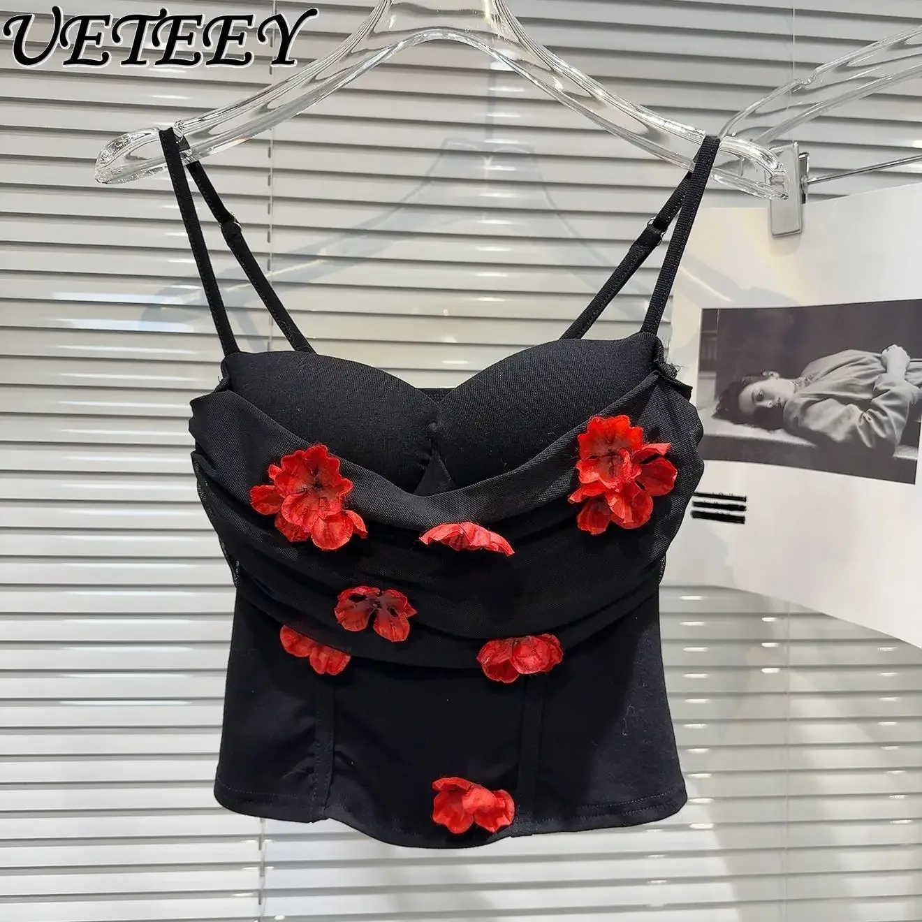 Spring and Summer New Niche Sweet Three-dimensional Mesh Flower Decoration Inner Sling Pure Desire Chest Pad Outer Crop Top Vest