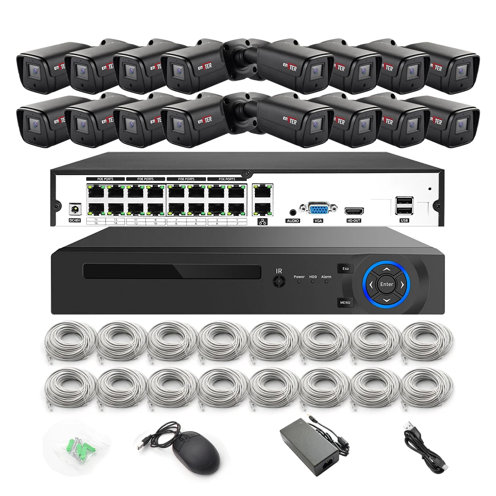 Wholesale Price 16 Channels Outdoor Face Detection H.265 4K 8MP Wired POE IP Network Security Home CCTV Camera System