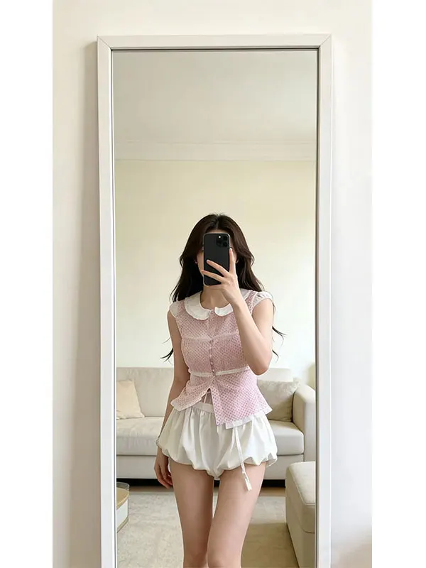 

Summer 2026 Korean Sle Sweet Polka Dot Doll Collar Top And Flower Bud Skirt Pants Women's Faion Set Polyester Fiber ort...